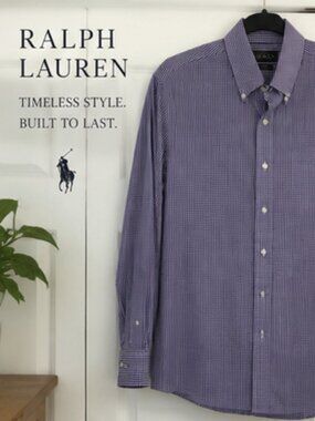 Lauren Ralph Lauren Purple Gingham Button Down Shirt Slim Fit Non Iron 15.5